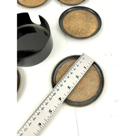VTG Black Set of 6 Round Cork Coaster Set MCM Barware Original - Picture 9 of 10